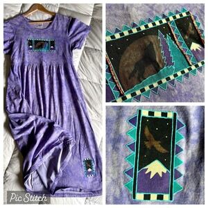 Y2K Cactus Bay Maxi Shirt Dress L Purple Tie Dye Wolf Bird Artsy Whimsical Comfy
